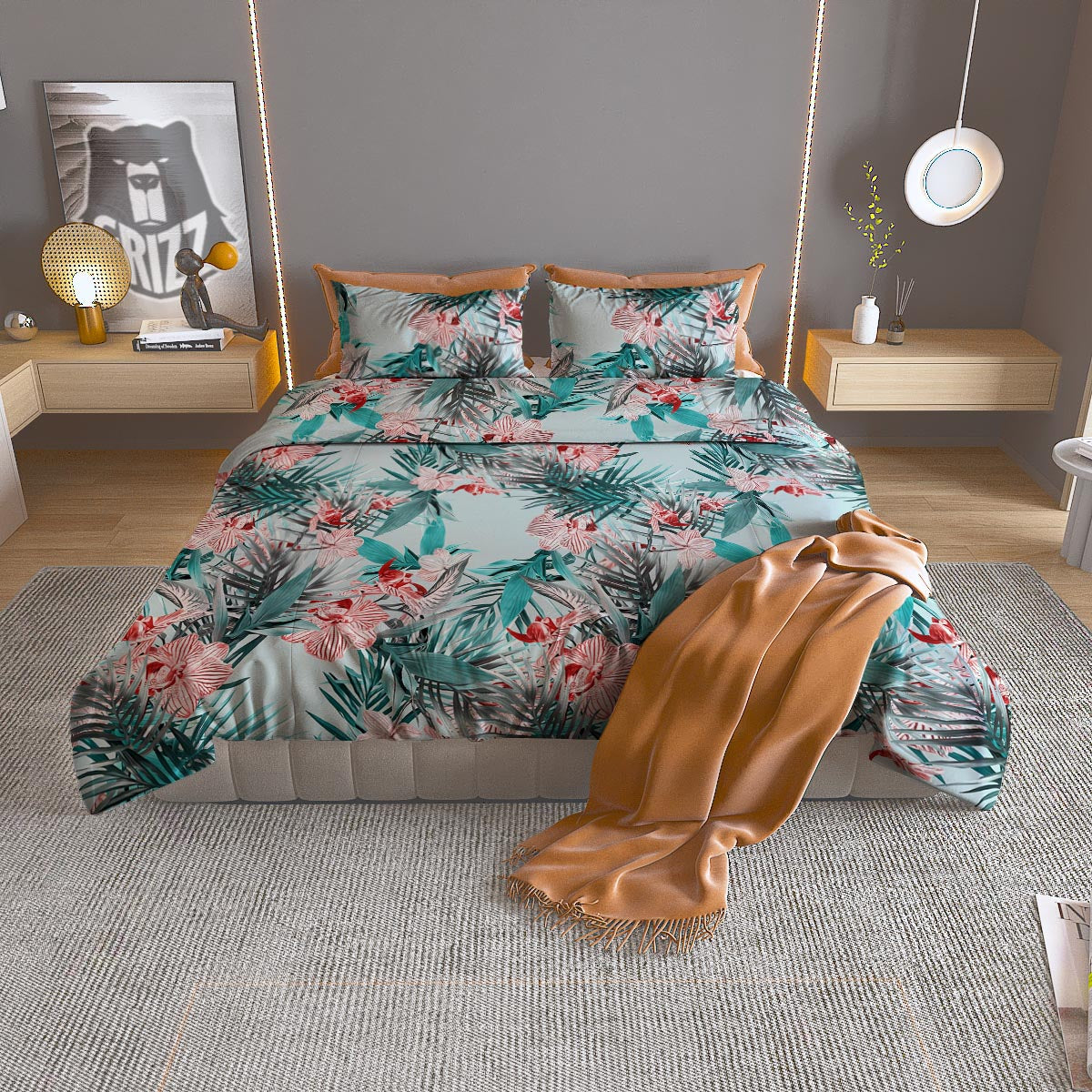 Tropical Floral Pink And Teal Print Pattern Duvet Cover Bedding Set