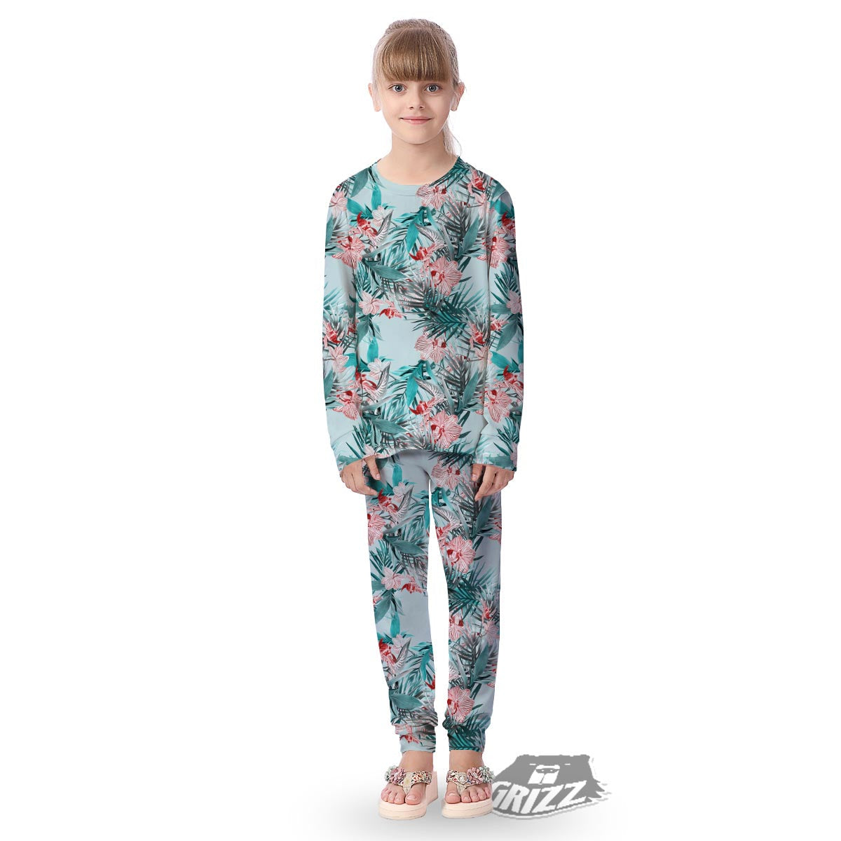 Tropical Floral Pink And Teal Print Pattern Kid's Pajamas-grizzshop