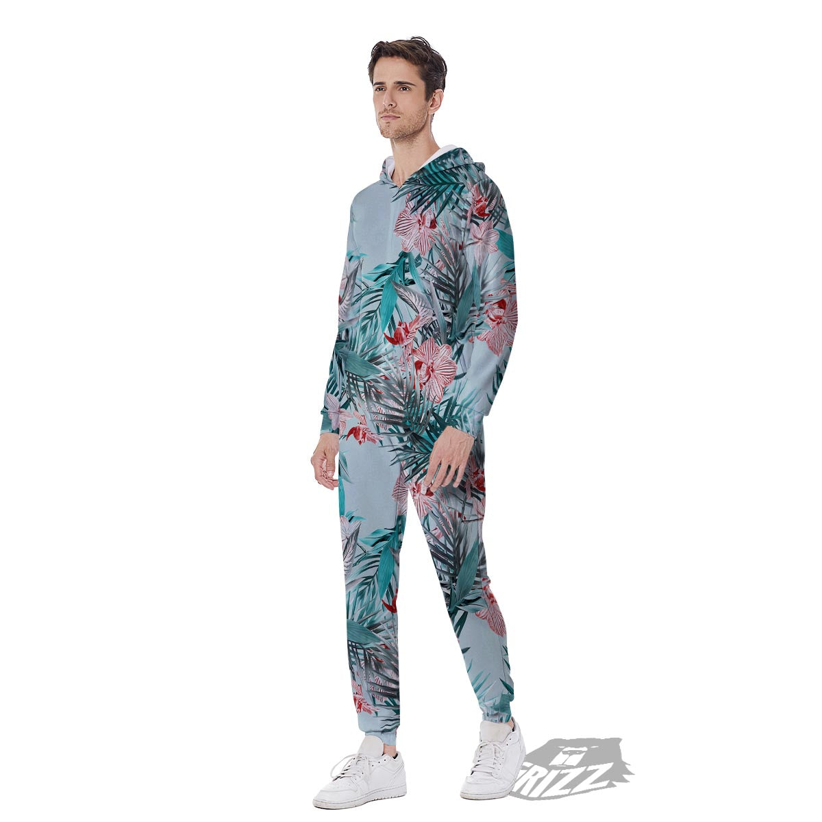 Tropical Floral Pink And Teal Print Pattern Men's Jumpsuit-grizzshop