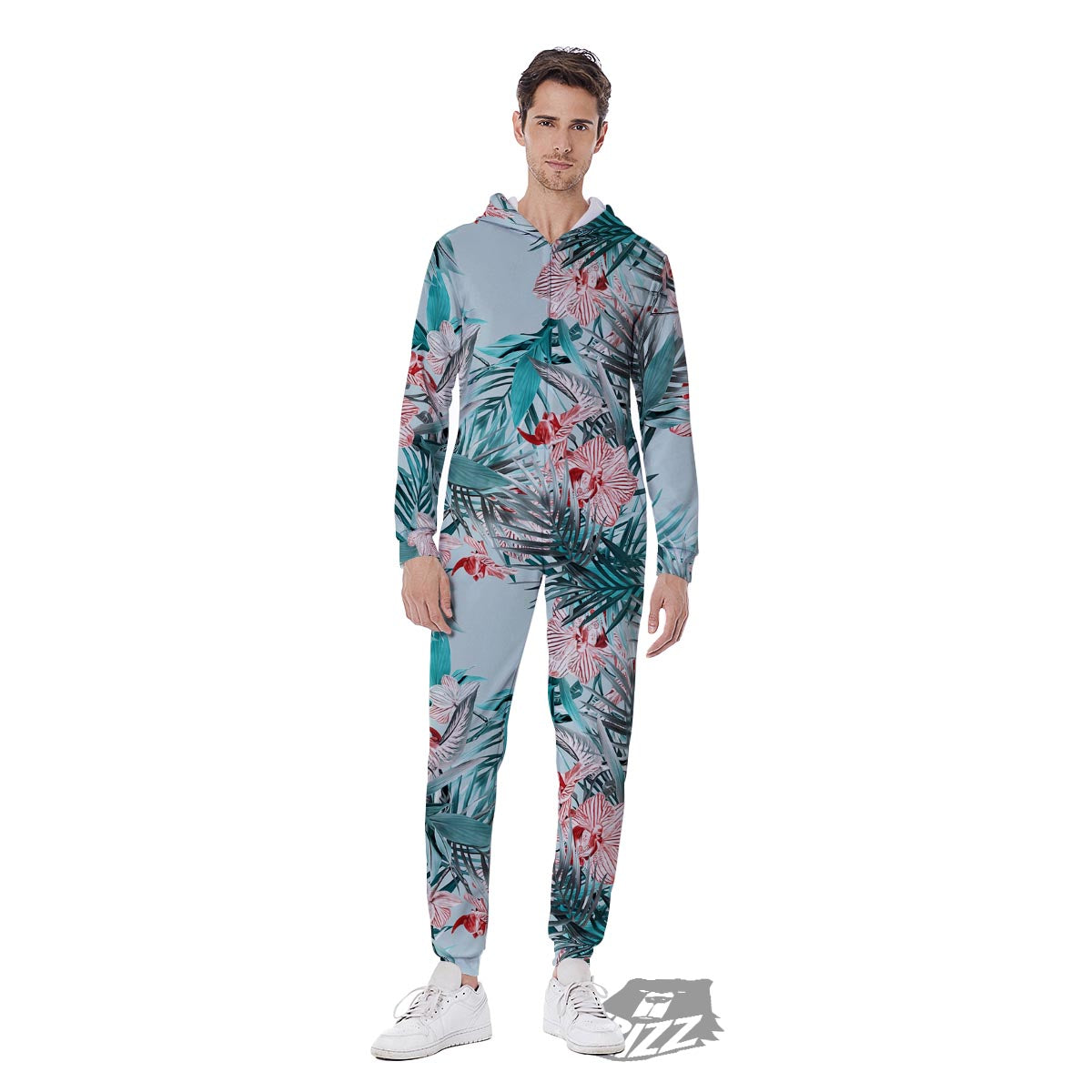 Tropical Floral Pink And Teal Print Pattern Men's Jumpsuit-grizzshop
