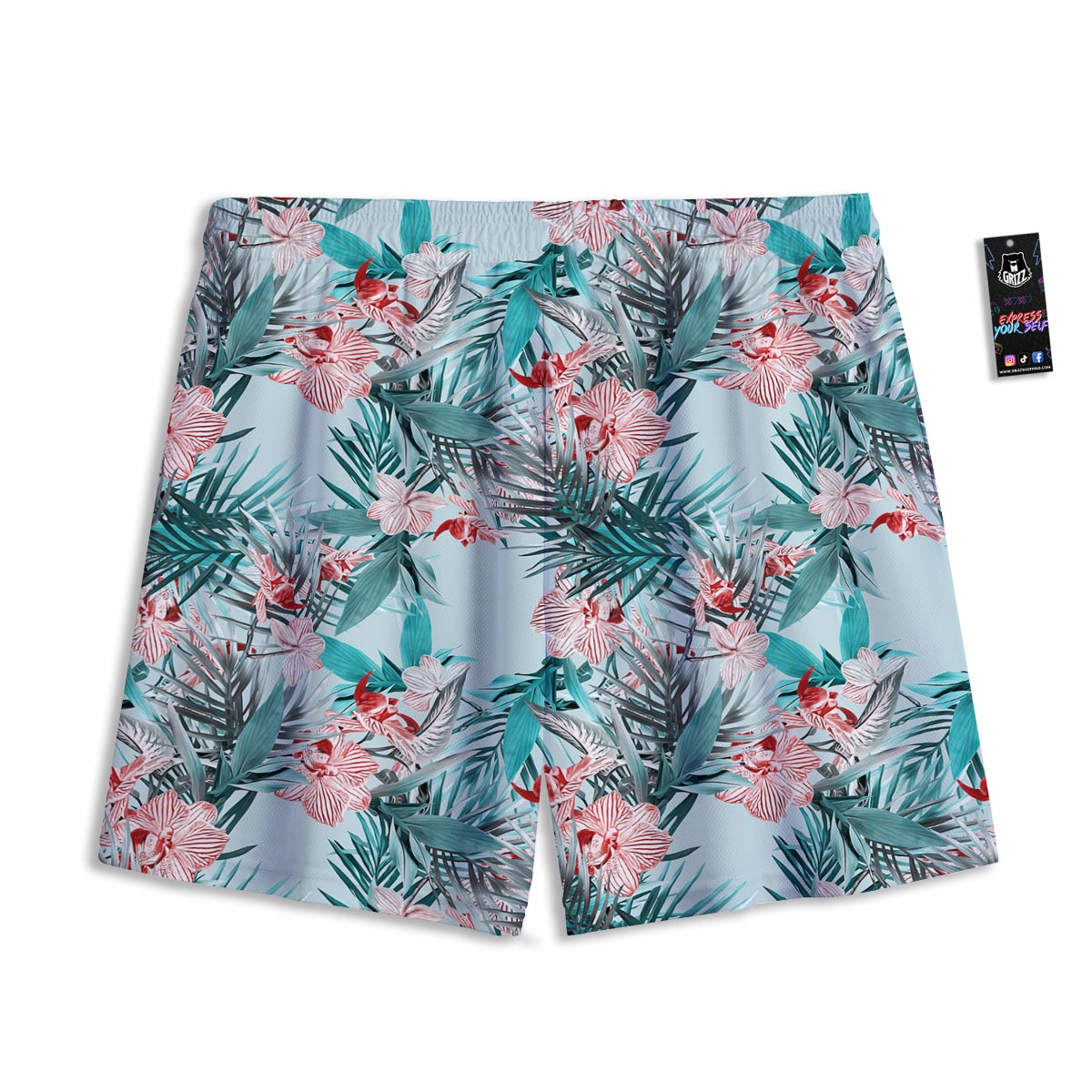 Tropical Floral Pink And Teal Print Pattern Mesh Shorts