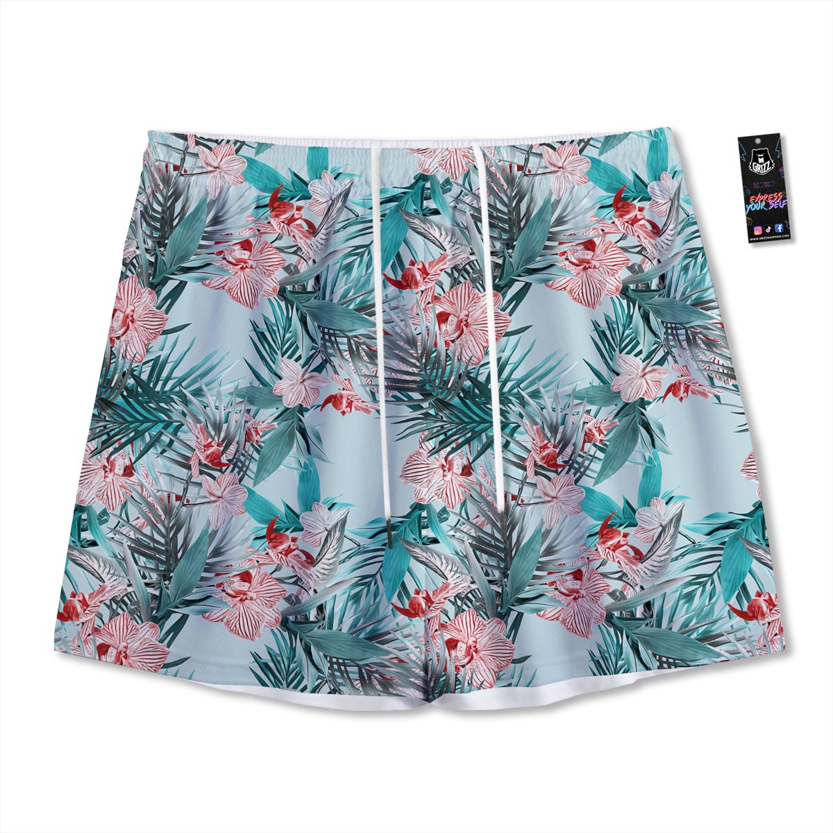 Tropical Floral Pink And Teal Print Pattern Mesh Shorts