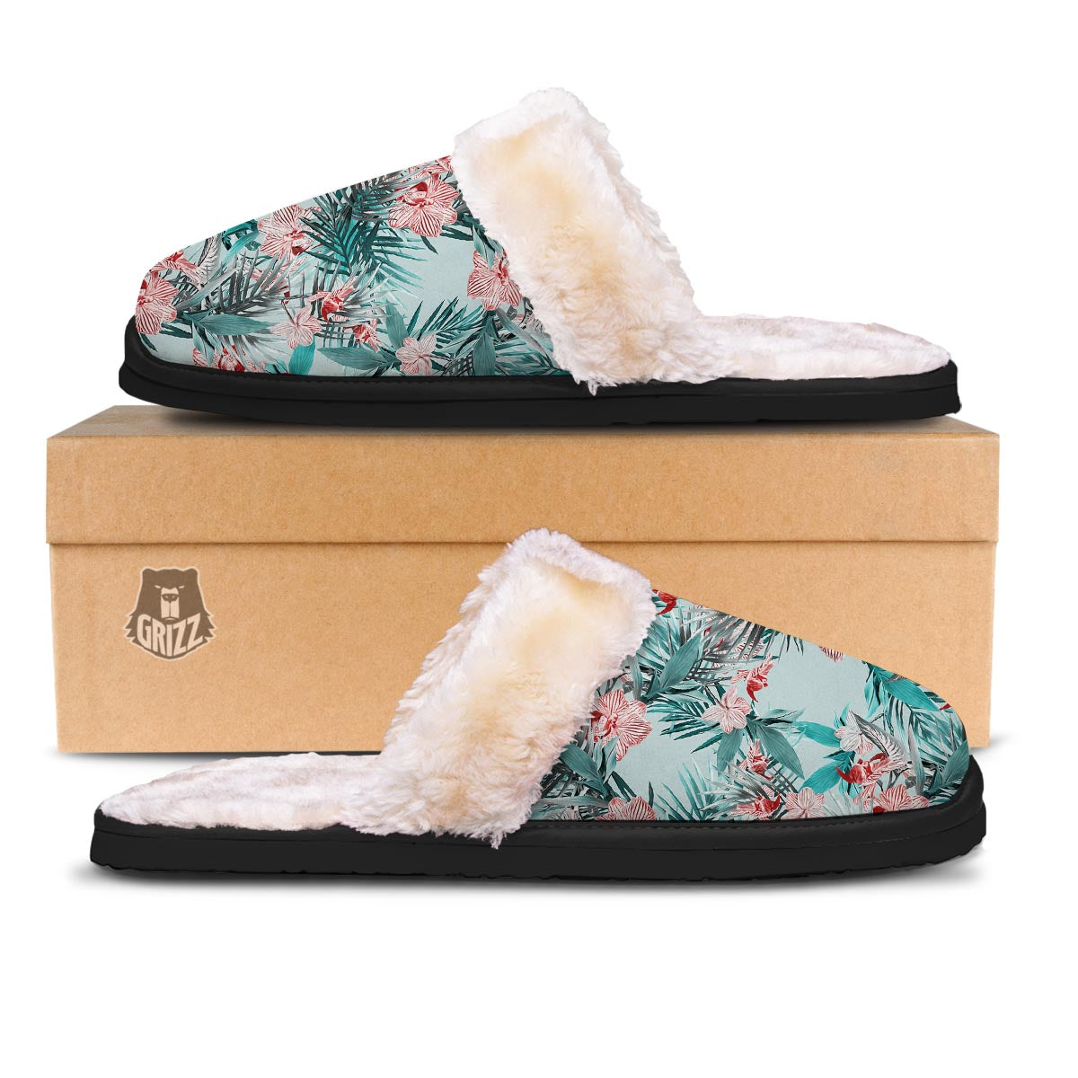 Tropical Floral Pink And Teal Print Pattern Slippers-grizzshop