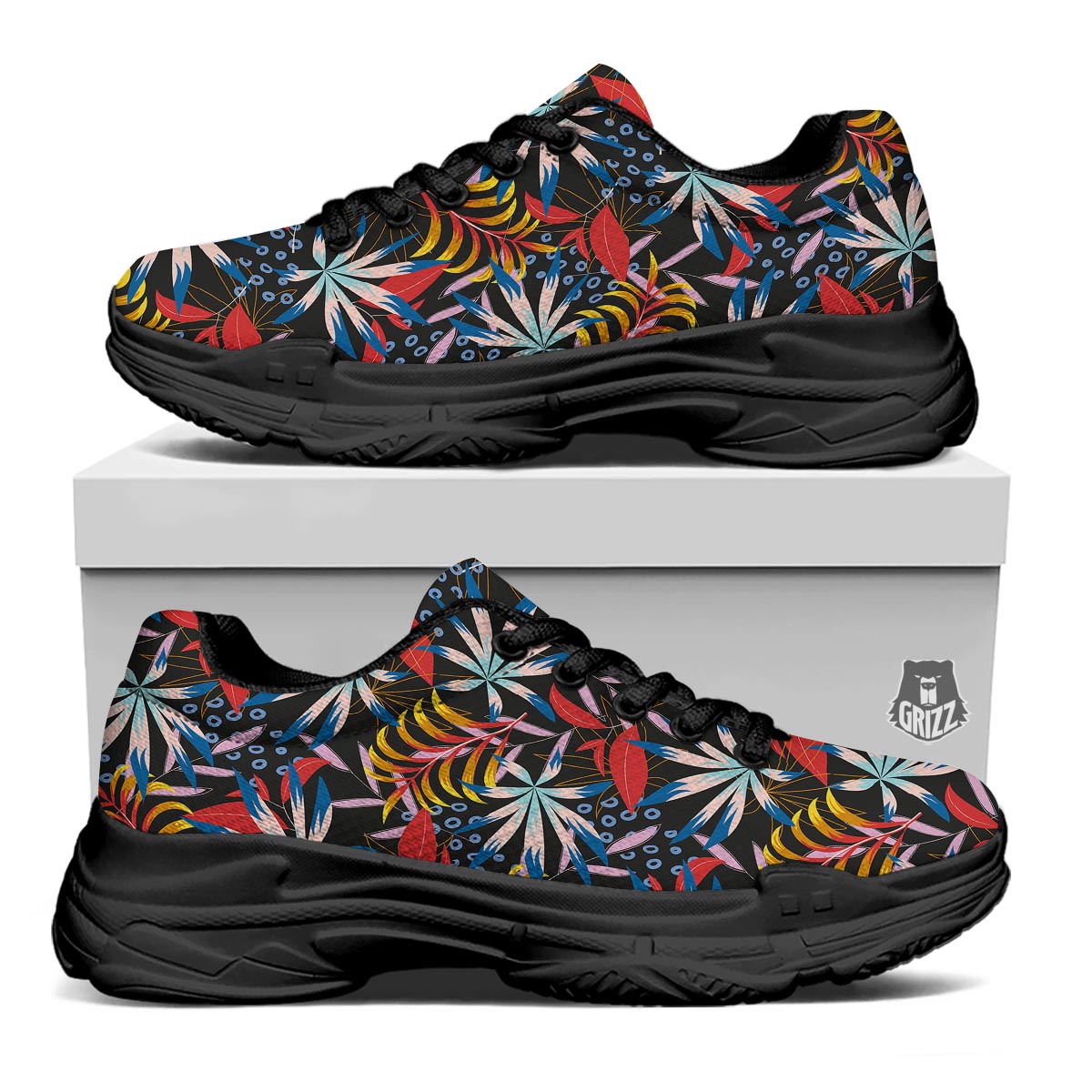 Tropical Floral Retro Hawaiian Print Pattern Black Chunky Shoes-grizzshop