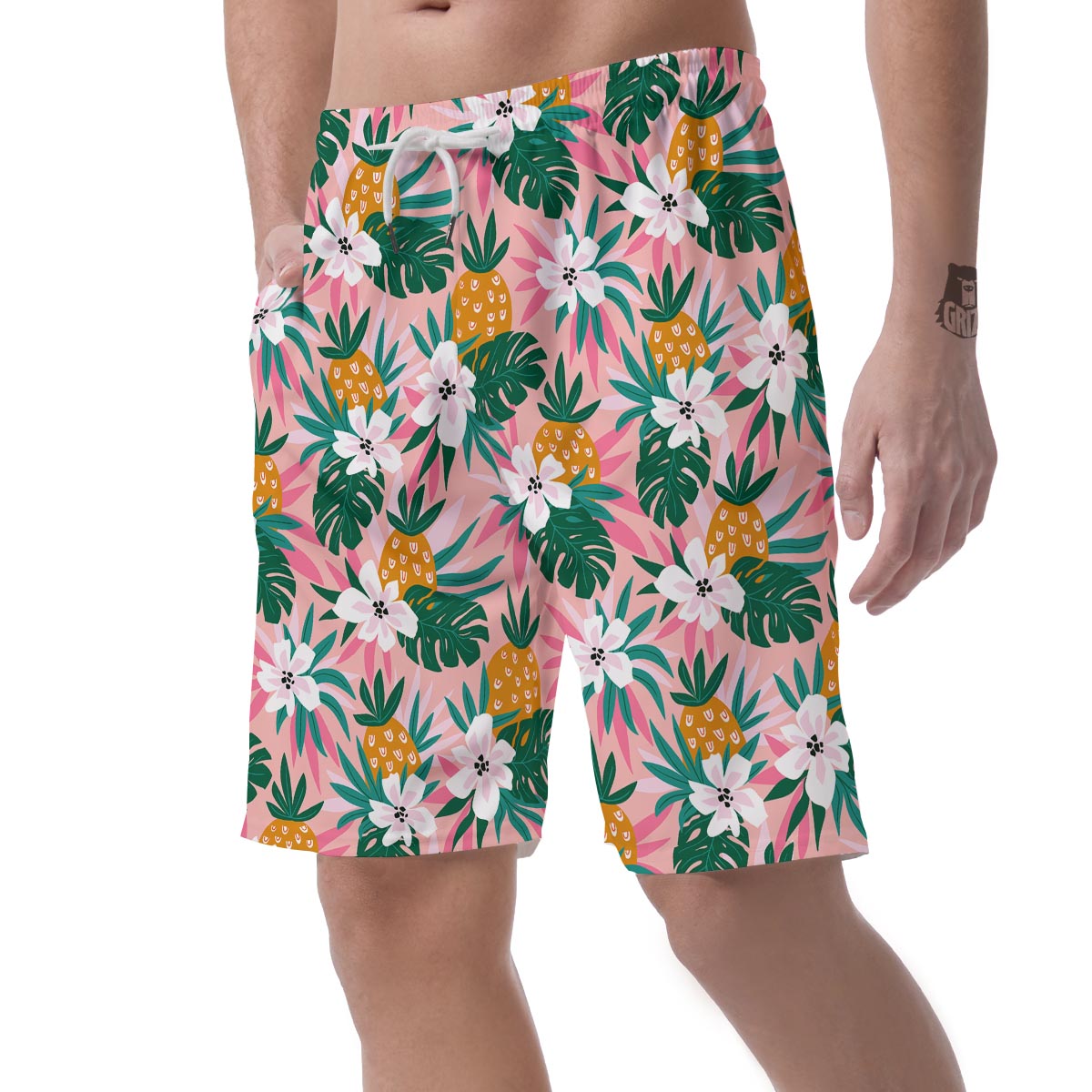 Tropical Flower Hawaiian Pineapple Print Men's Shorts-grizzshop