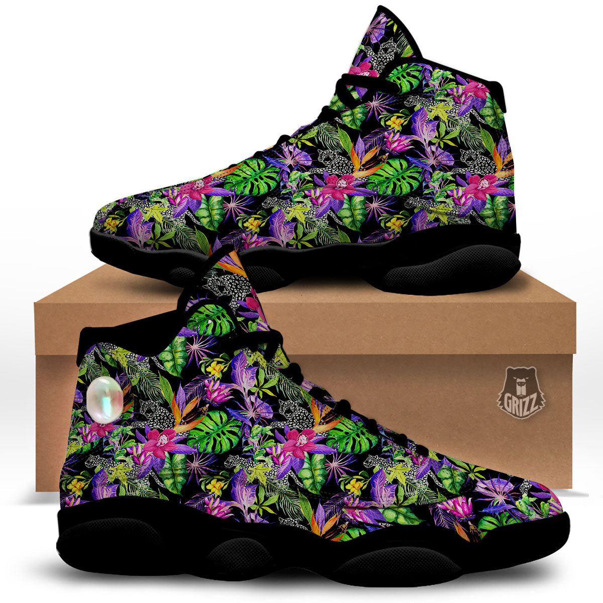 Tropical Flower Leaf Light Print Pattern Black Basketball Shoes-grizzshop