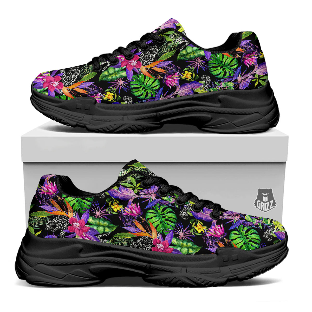 Tropical Flower Leaf Light Print Pattern Black Chunky Shoes-grizzshop