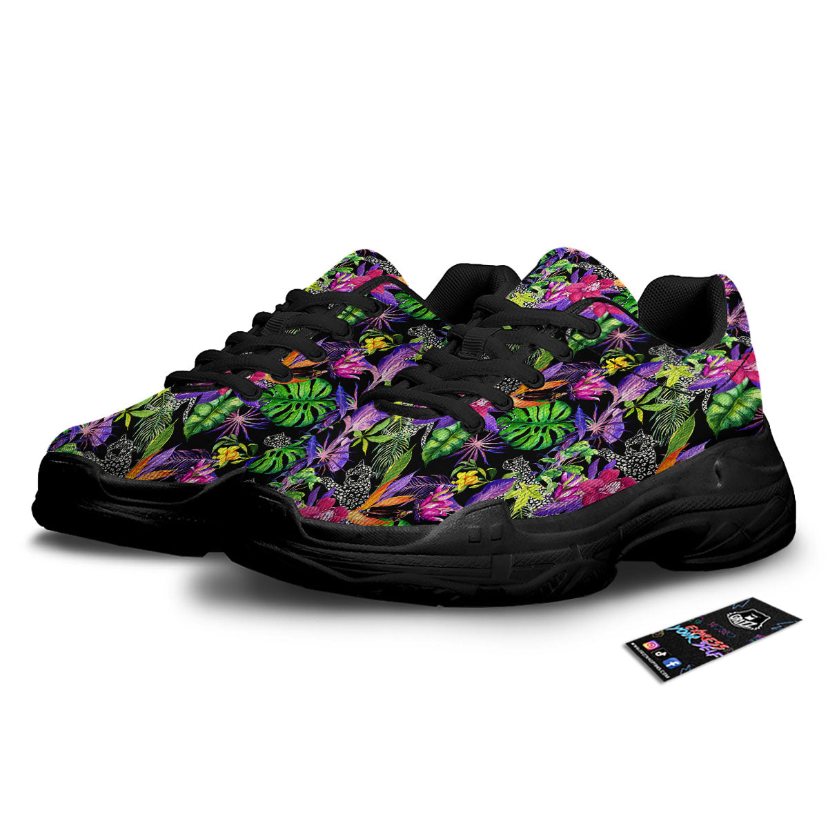 Tropical Flower Leaf Light Print Pattern Black Chunky Shoes-grizzshop