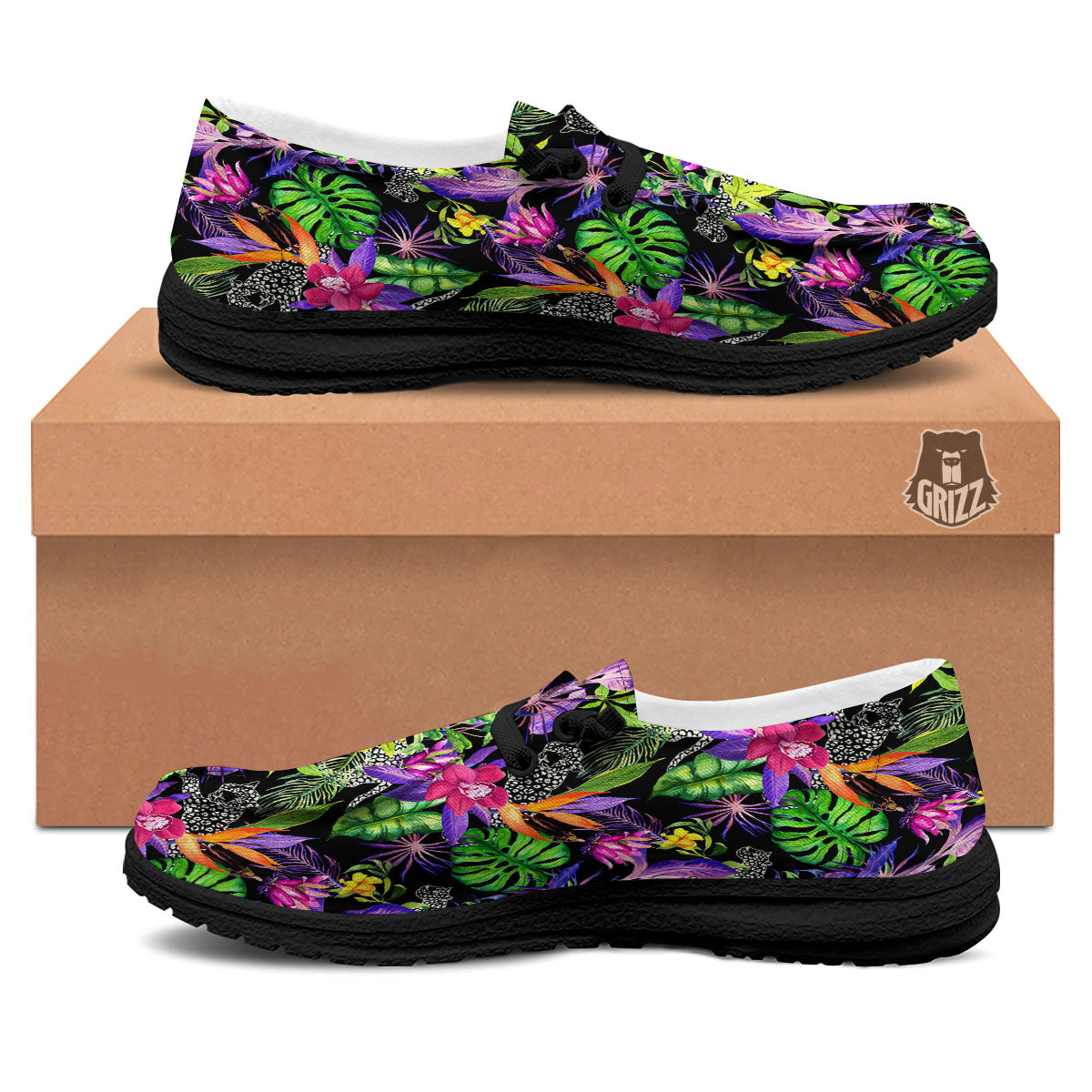 Tropical Flower Leaf Light Print Pattern Black Loafers-grizzshop