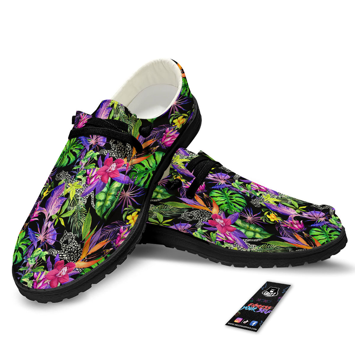 Tropical Flower Leaf Light Print Pattern Black Loafers-grizzshop