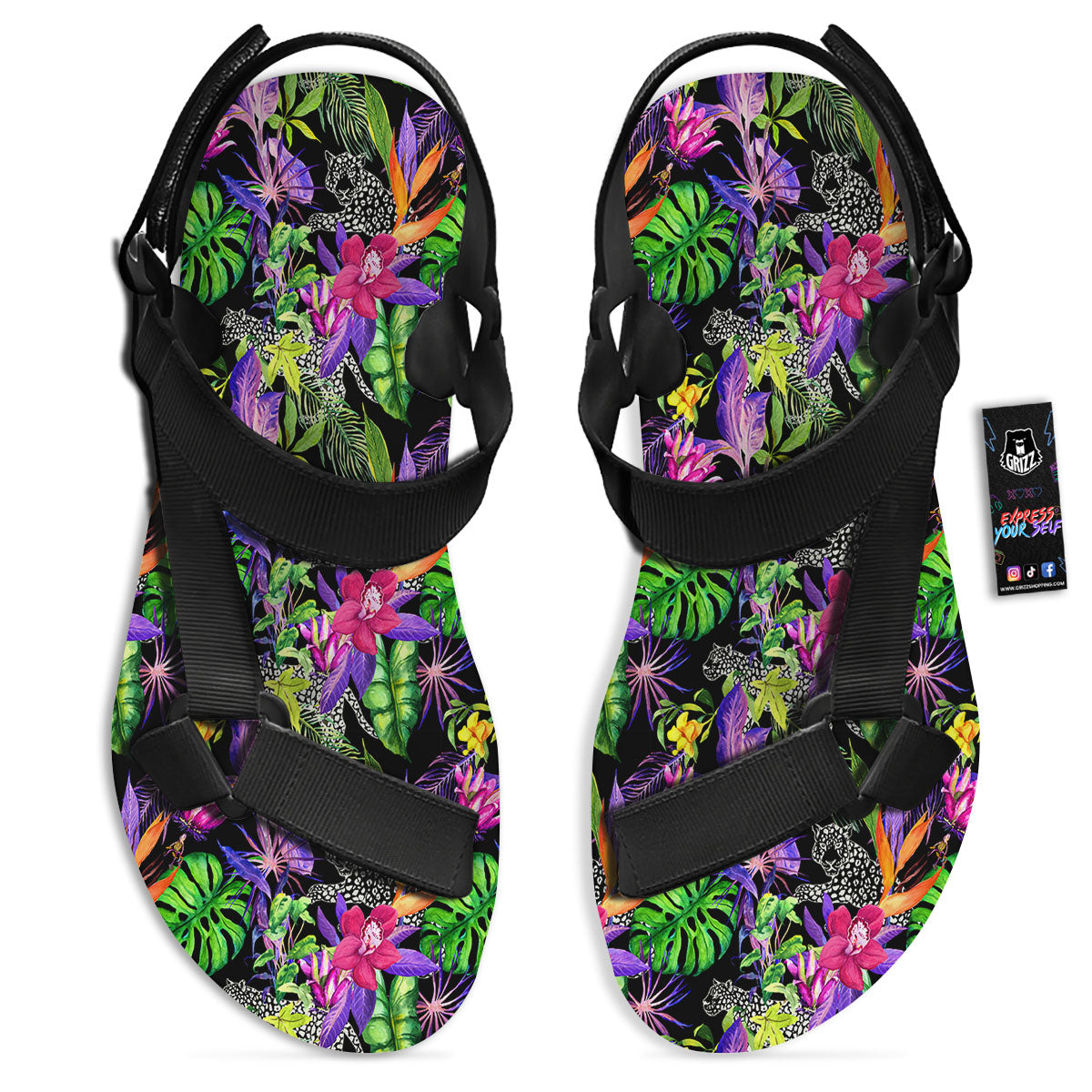 Tropical Flower Leaf Light Print Pattern Black Open Toe Sandals-grizzshop