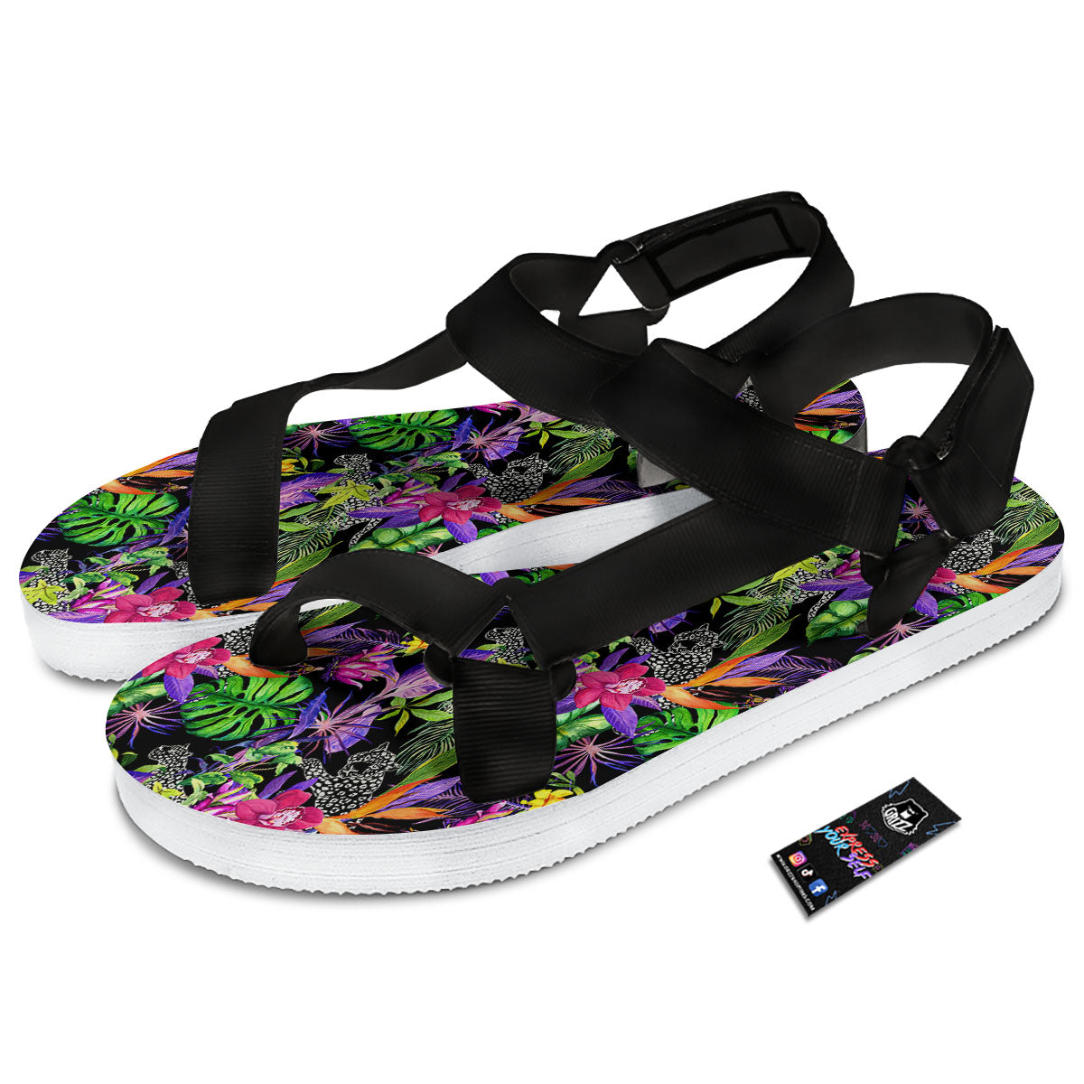 Tropical Flower Leaf Light Print Pattern Black Open Toe Sandals-grizzshop