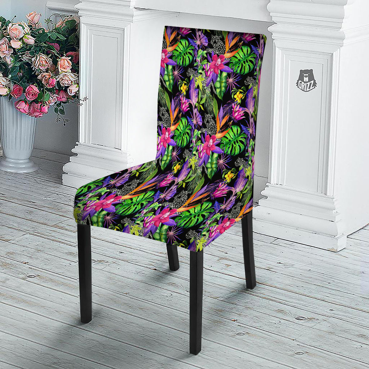 Tropical Flower Leaf Light Print Pattern Dining Chair Slipcover-grizzshop