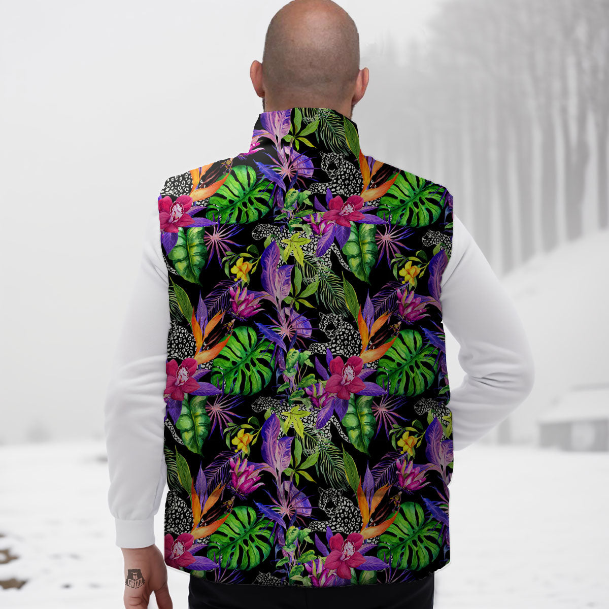 Tropical Flower Leaf Light Print Pattern Down Vest