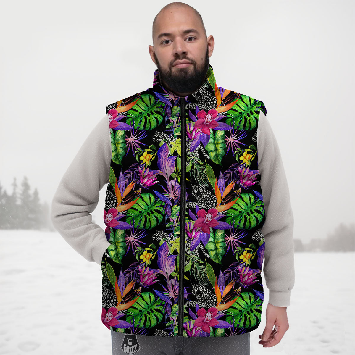 Tropical Flower Leaf Light Print Pattern Down Vest