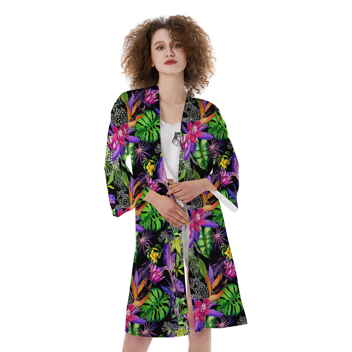 Tropical Flower Leaf Light Print Pattern Kimono-grizzshop