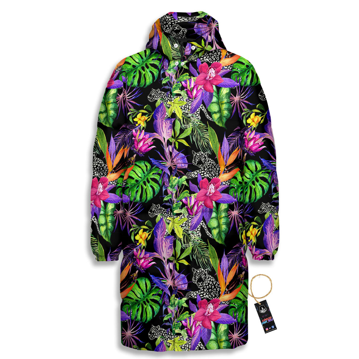 Tropical Flower Leaf Light Print Pattern Long Down Jacket-grizzshop