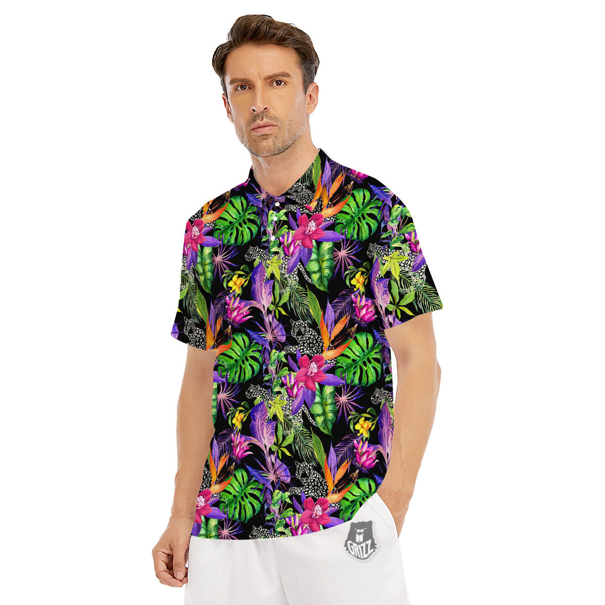 Tropical Flower Leaf Light Print Pattern Men's Golf Shirts-grizzshop