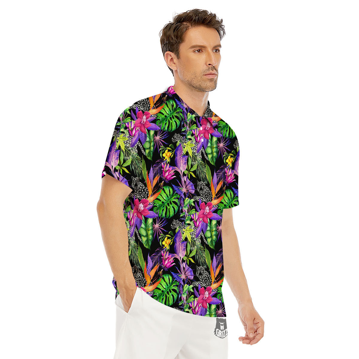Tropical Flower Leaf Light Print Pattern Men's Golf Shirts-grizzshop