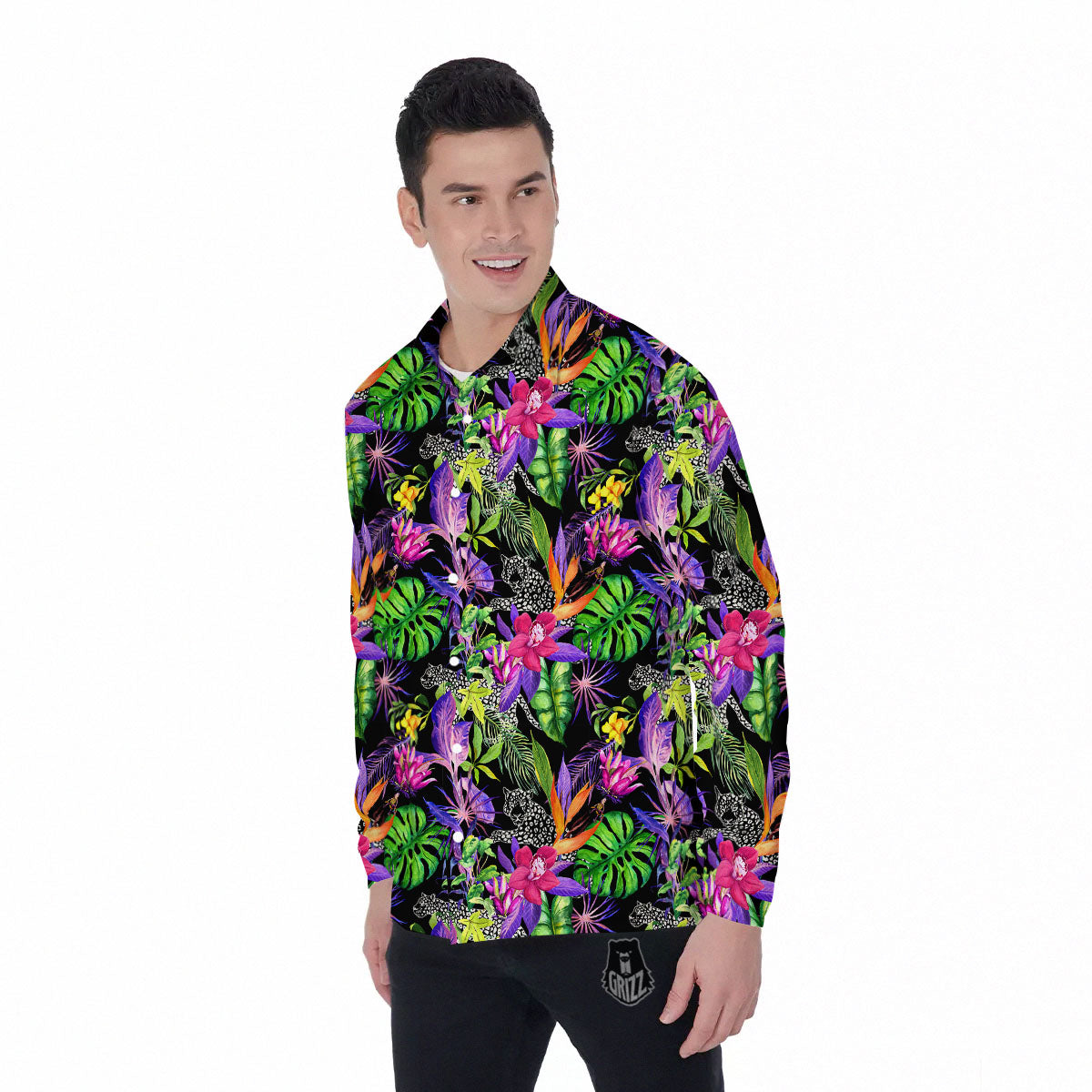 Tropical Flower Leaf Light Print Pattern Men's Long Sleeve Shirts-grizzshop