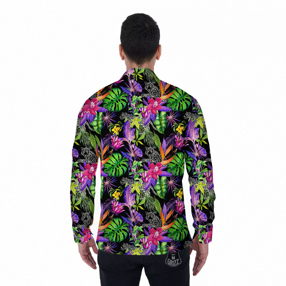 Tropical Flower Leaf Light Print Pattern Men's Long Sleeve Shirts-grizzshop