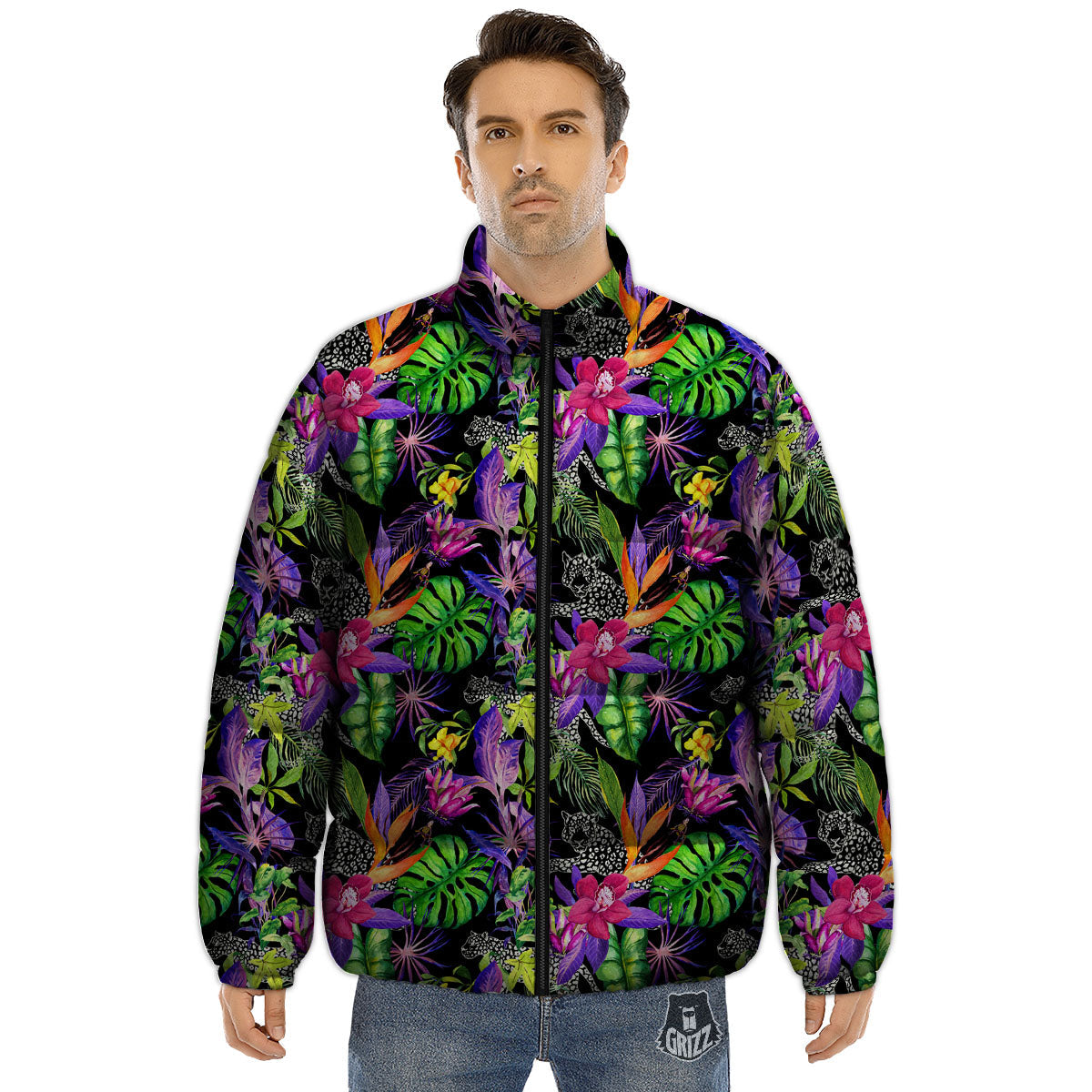 Tropical Flower Leaf Light Print Pattern Puffer Jacket-grizzshop