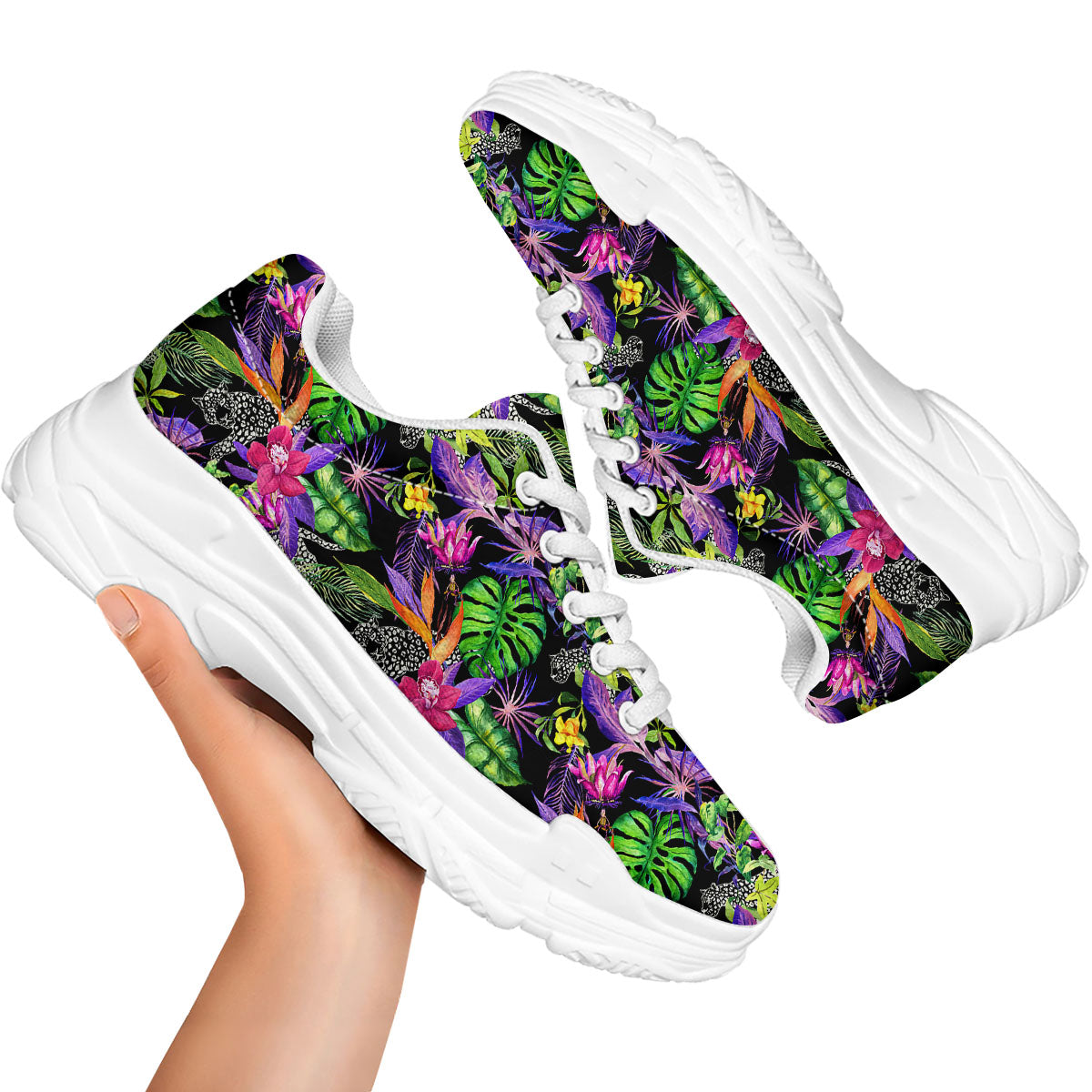 Tropical Flower Leaf Light Print Pattern White Chunky Shoes-grizzshop