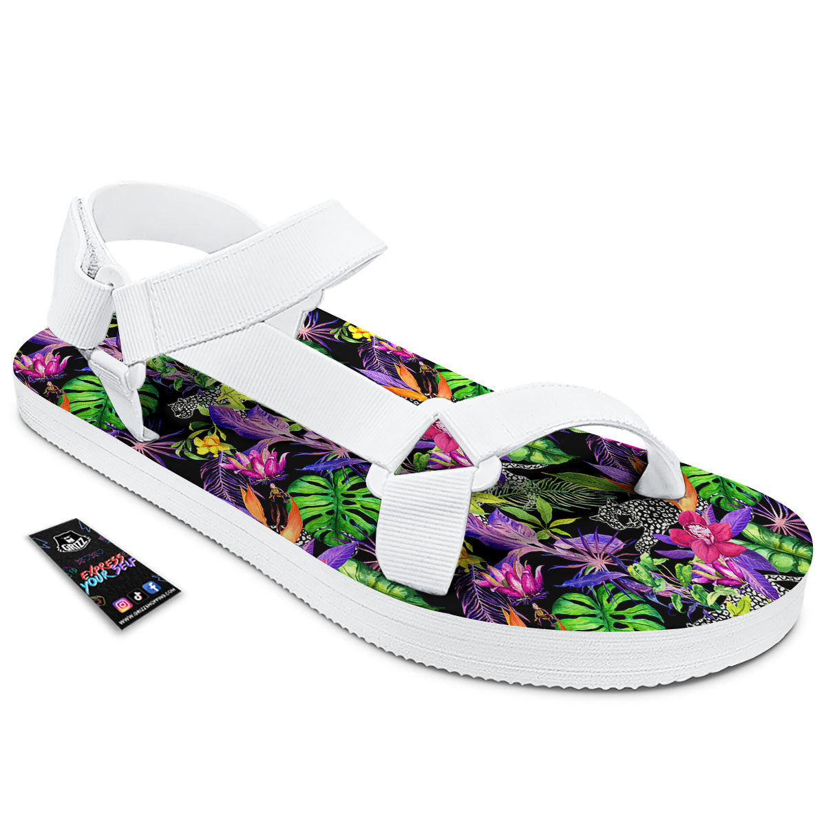 Tropical Flower Leaf Light Print Pattern White Open Toe Sandals-grizzshop