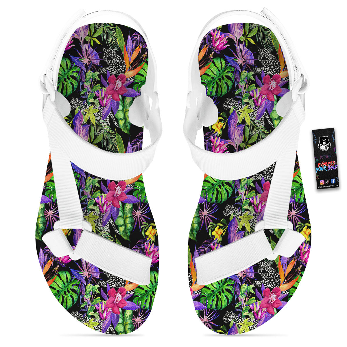 Tropical Flower Leaf Light Print Pattern White Open Toe Sandals-grizzshop