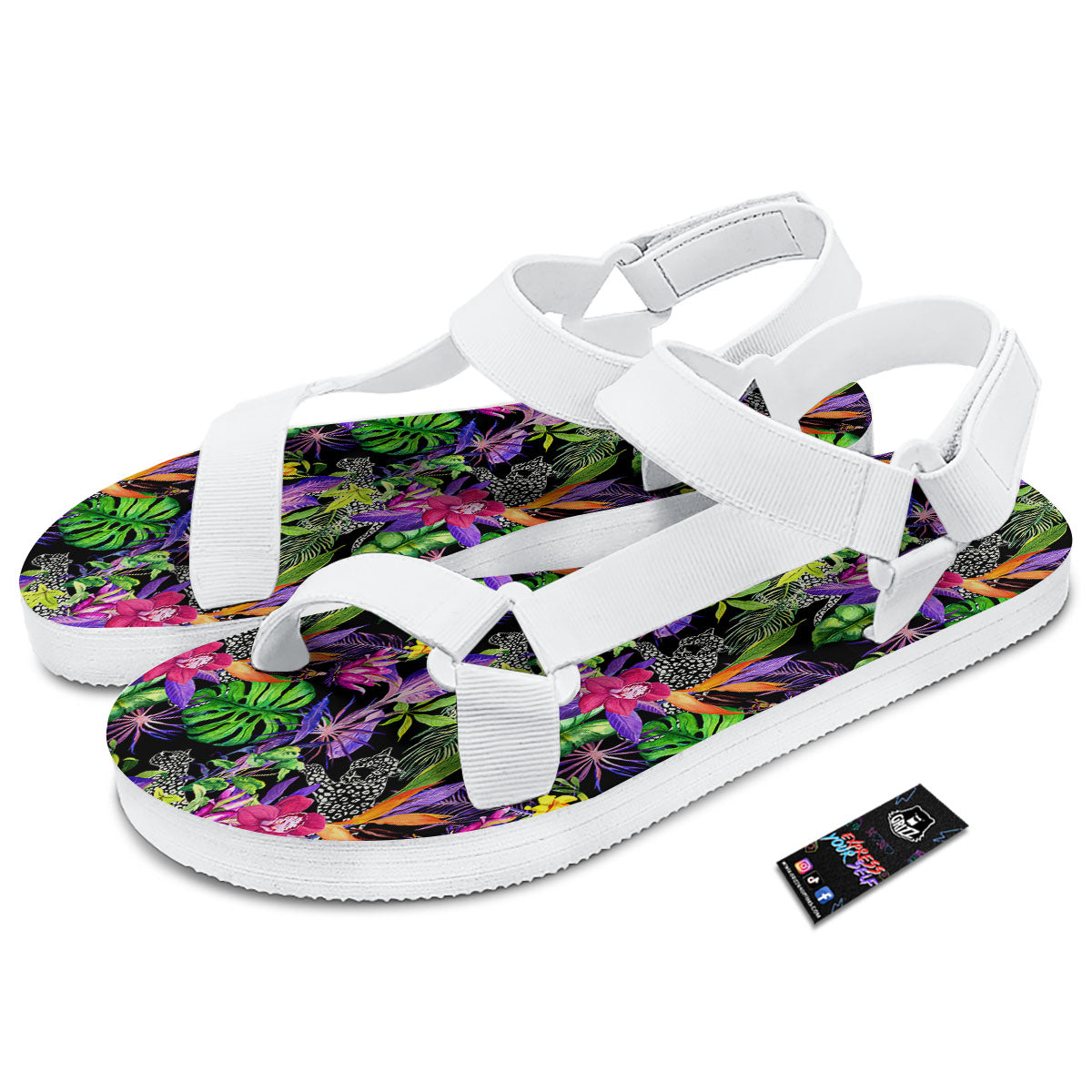 Tropical Flower Leaf Light Print Pattern White Open Toe Sandals-grizzshop