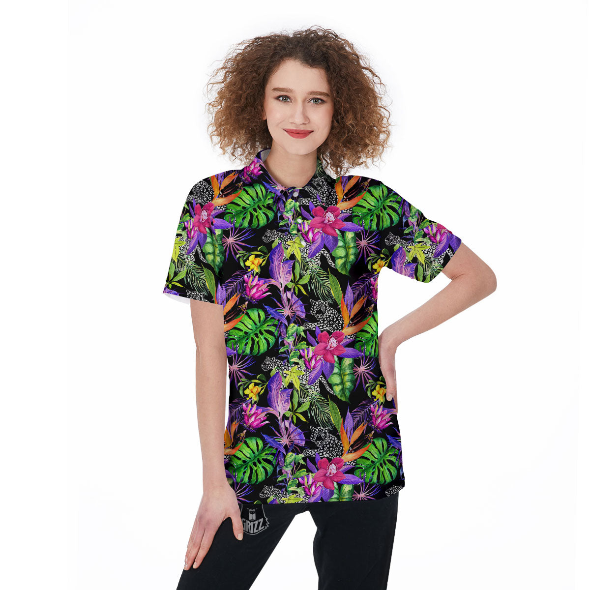 Tropical Flower Leaf Light Print Pattern Women's Golf Shirts-grizzshop