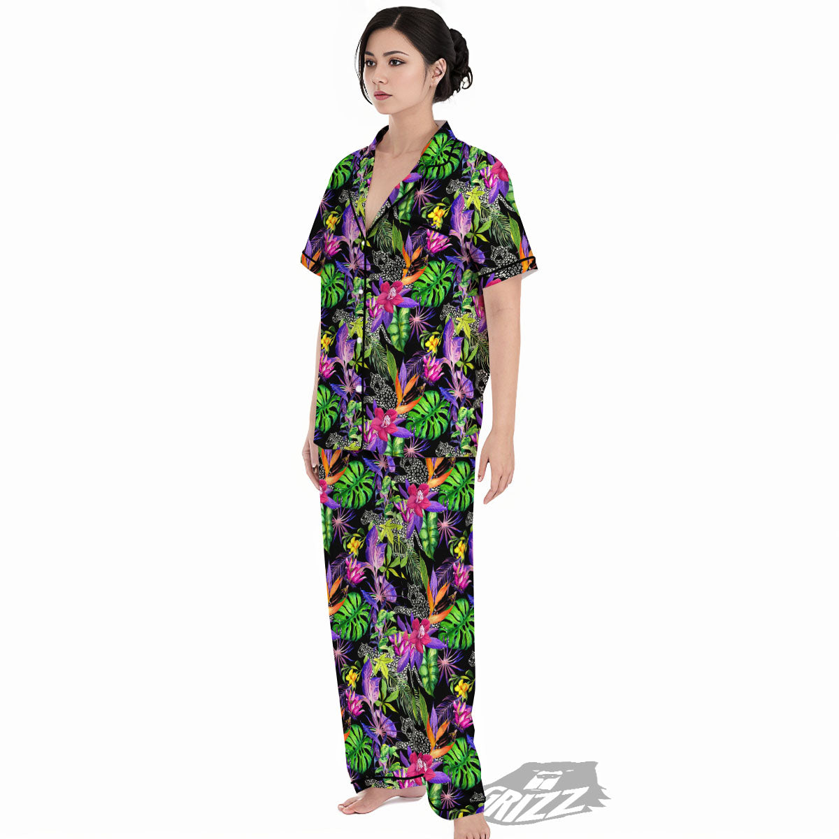 Tropical Flower Leaf Light Print Pattern Women's Pajamas Set-grizzshop
