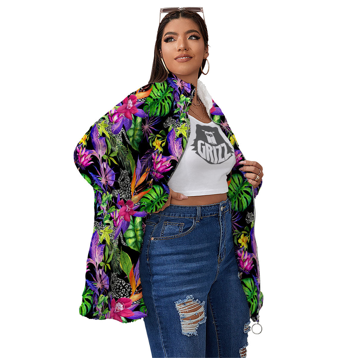 Tropical Flower Leaf Light Print Pattern Women's Sherpa Jacket-grizzshop
