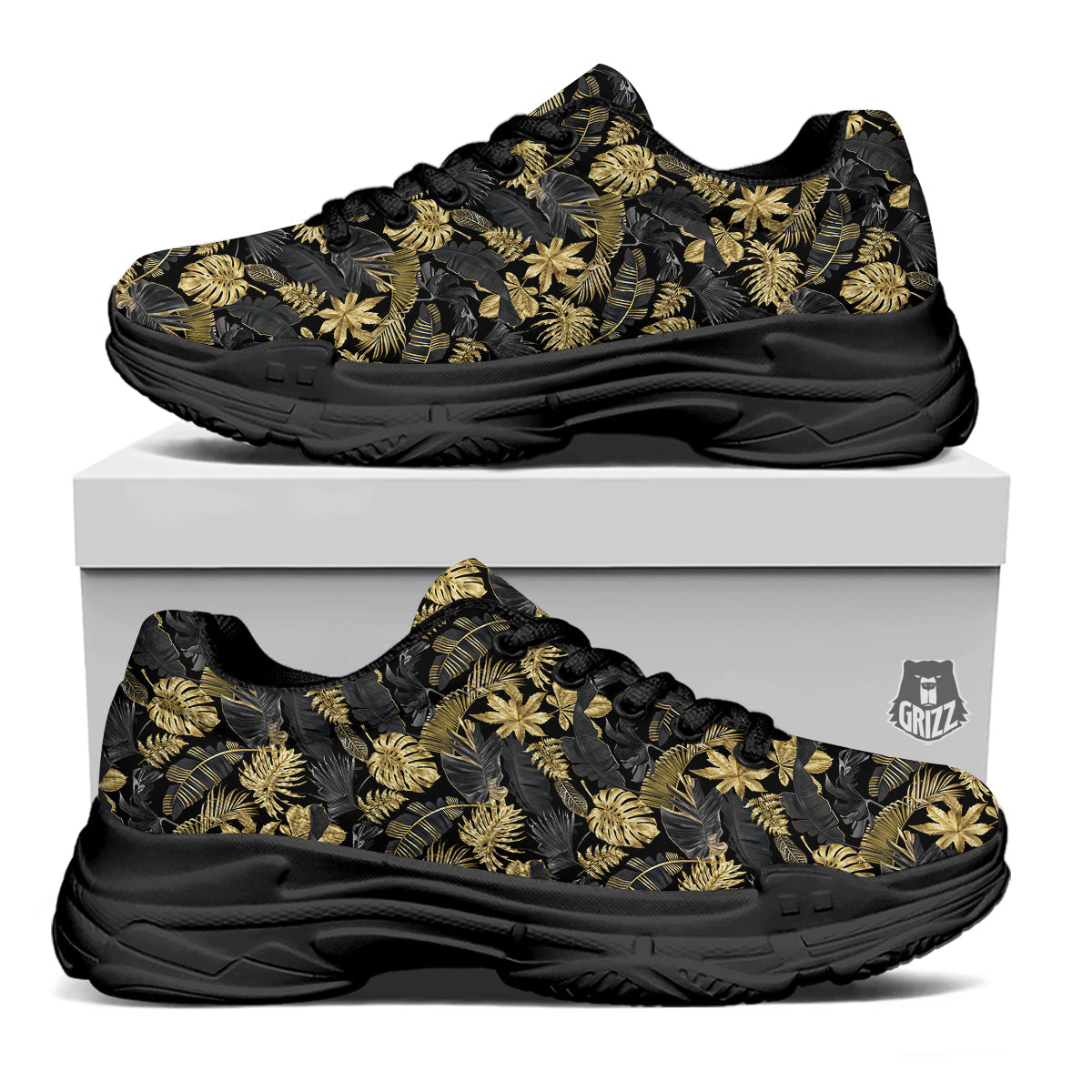 Tropical Gold And Black Print Pattern Black Chunky Shoes-grizzshop