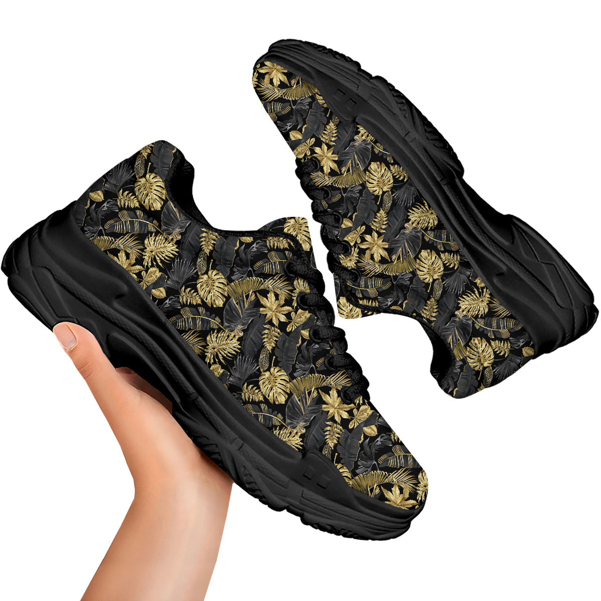 Tropical Gold And Black Print Pattern Black Chunky Shoes-grizzshop