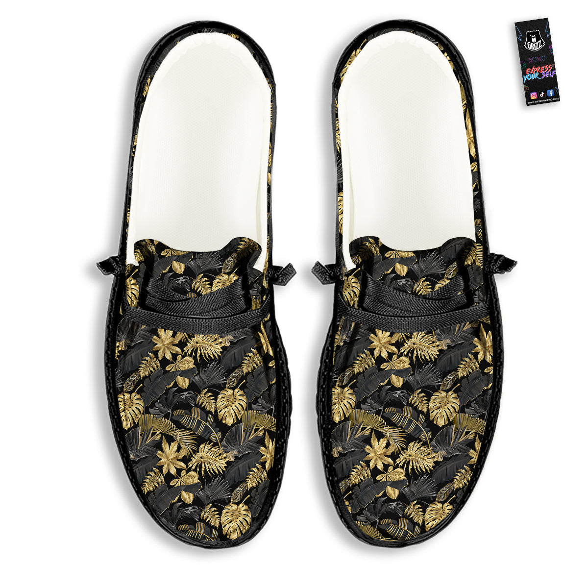 Tropical Gold And Black Print Pattern Black Loafers-grizzshop