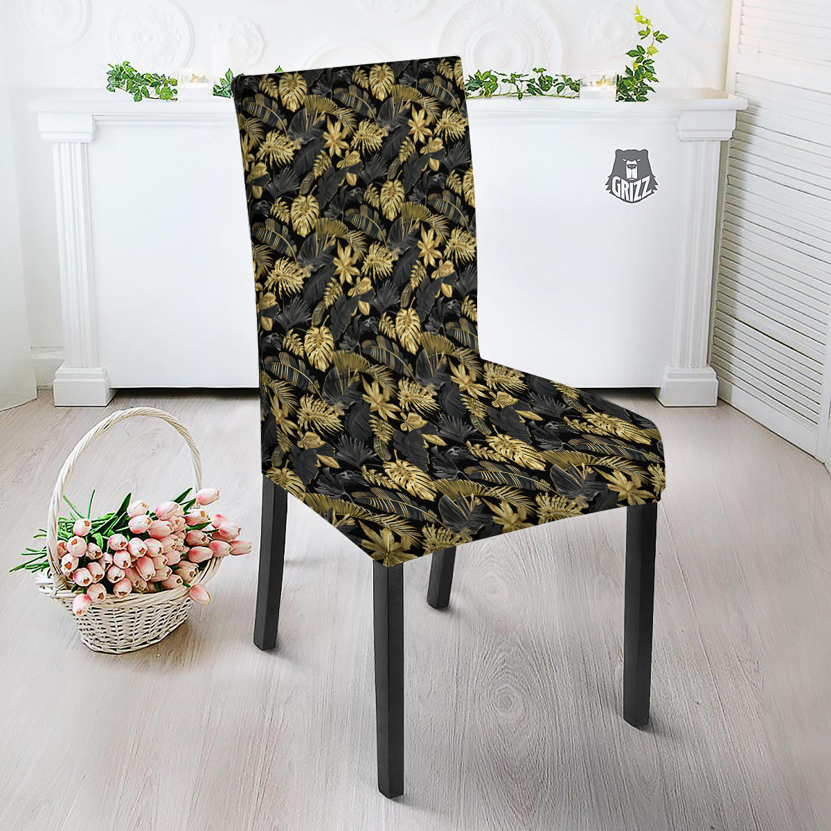 Tropical Gold And Black Print Pattern Dining Chair Slipcover-grizzshop