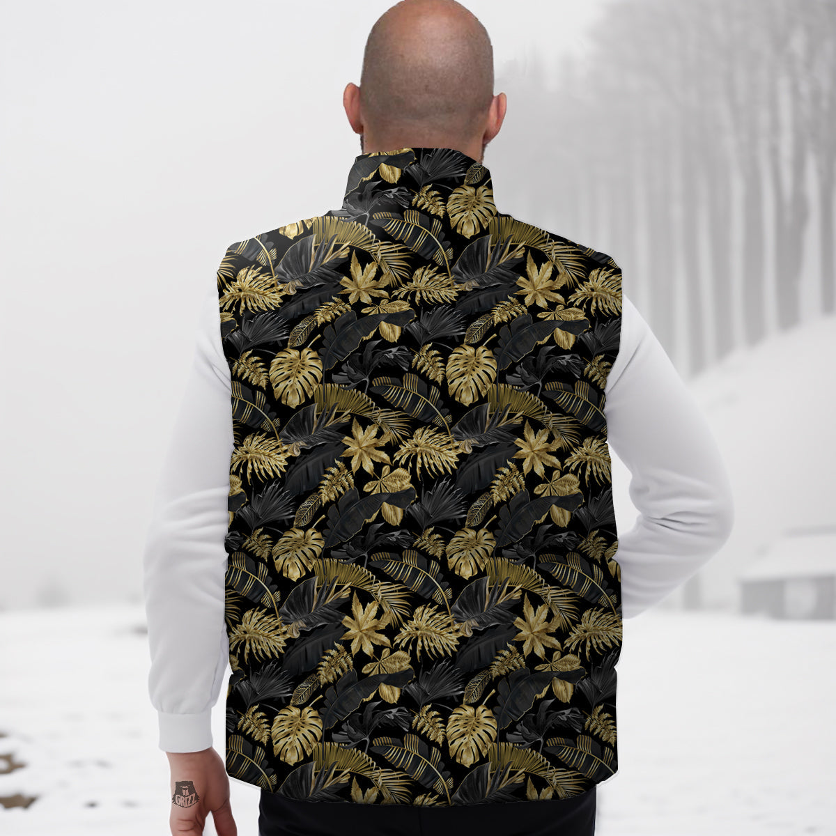 Tropical Gold And Black Print Pattern Down Vest-grizzshop