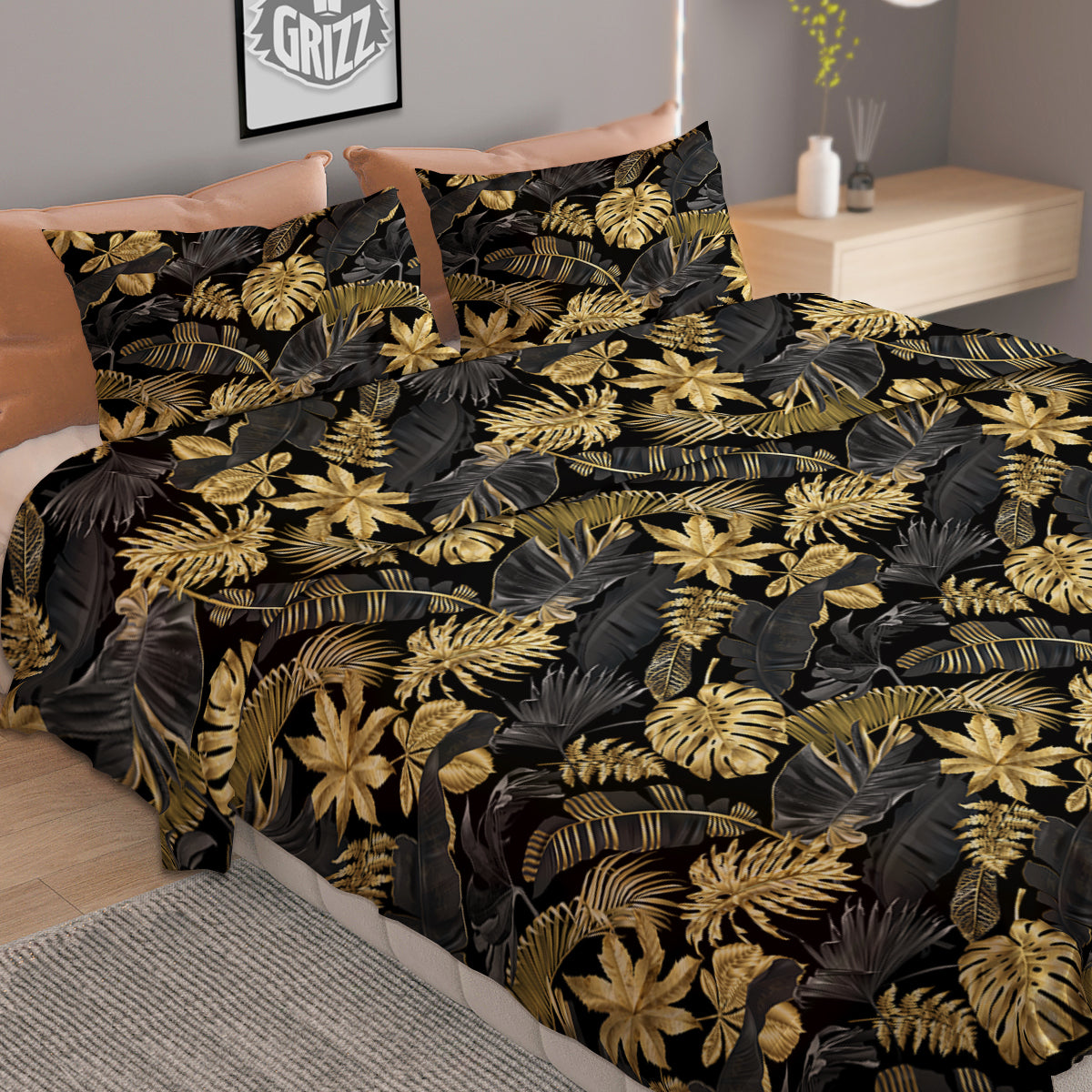 Tropical Gold And Black Print Pattern Duvet Cover Bedding Set-grizzshop