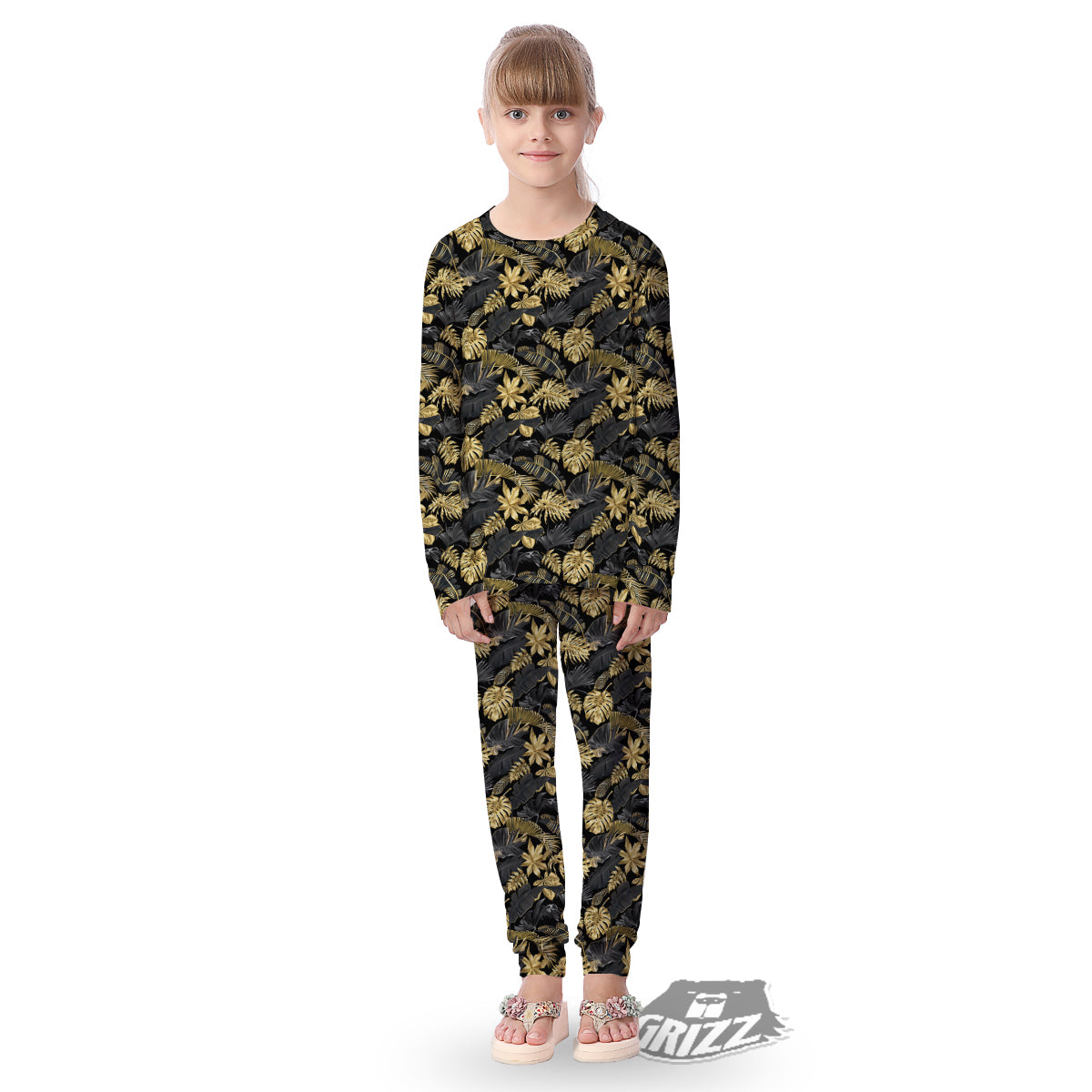 Tropical Gold And Black Print Pattern Kid's Pajamas-grizzshop