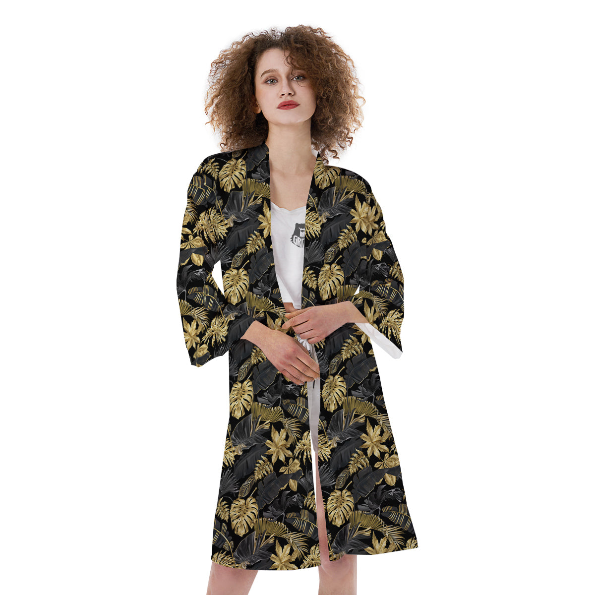 Tropical Gold And Black Print Pattern Kimono-grizzshop