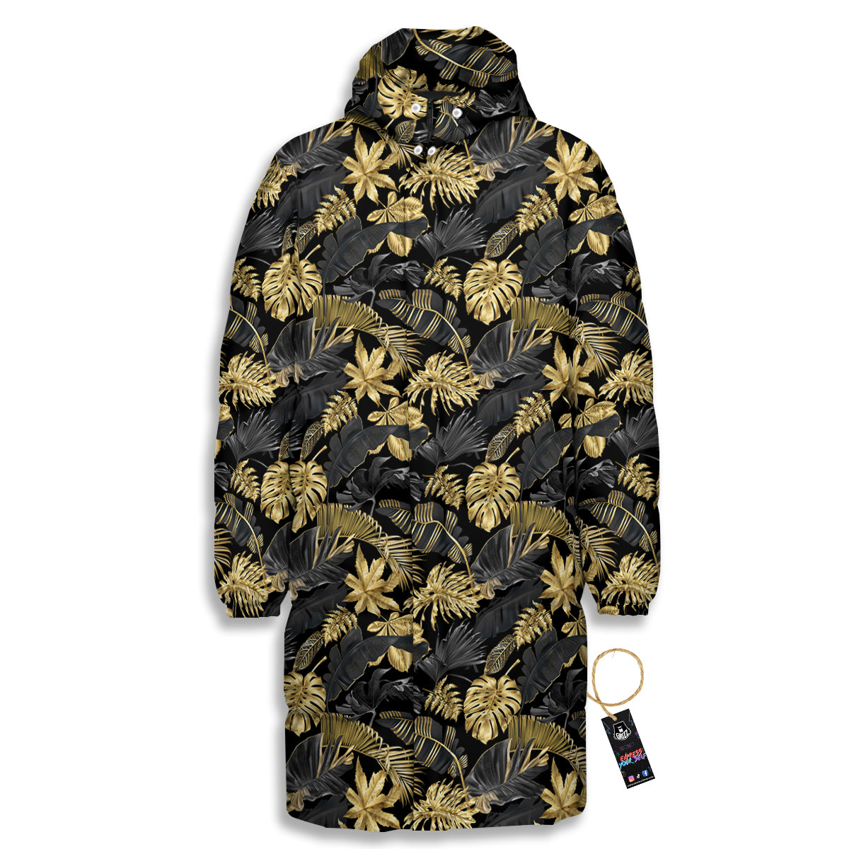 Tropical Gold And Black Print Pattern Long Down Jacket-grizzshop
