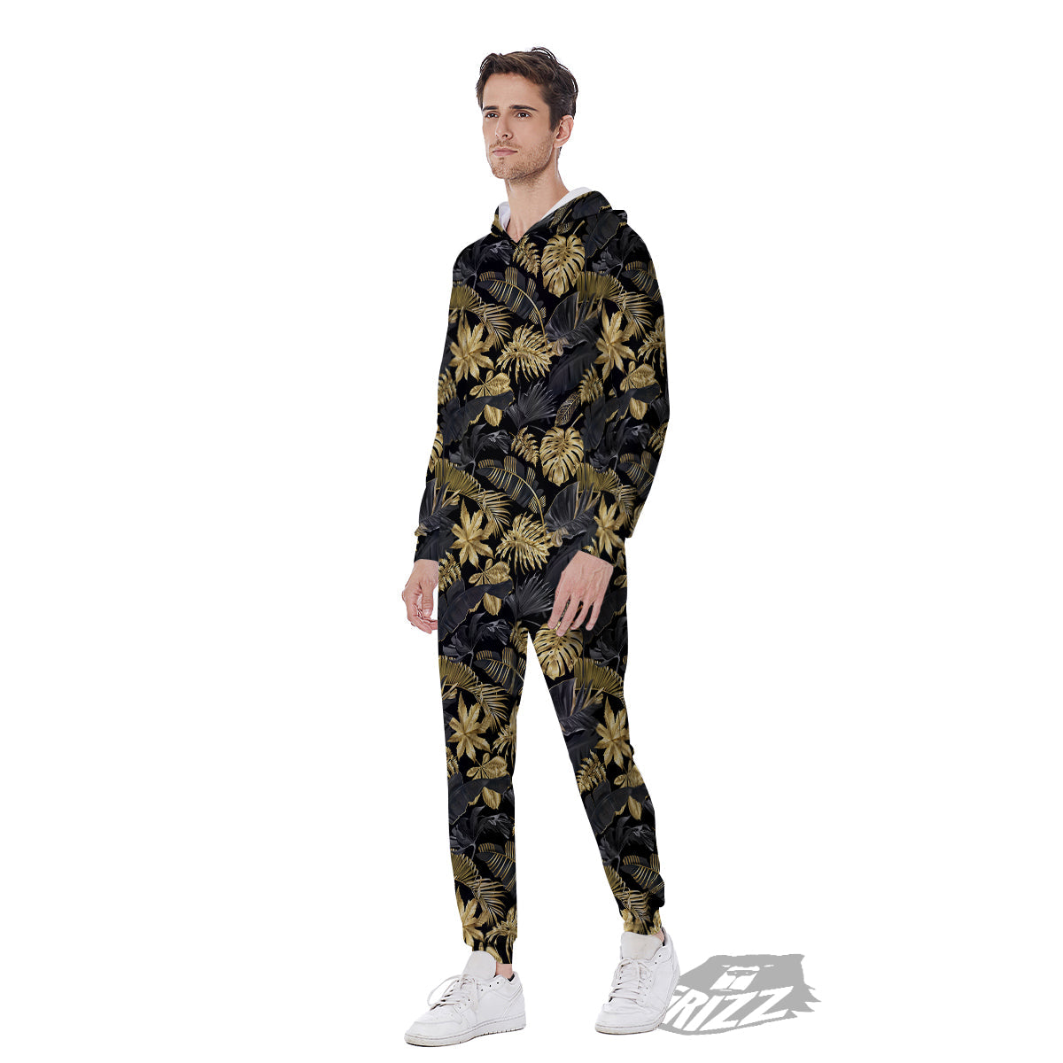 Tropical Gold And Black Print Pattern Men's Jumpsuit-grizzshop