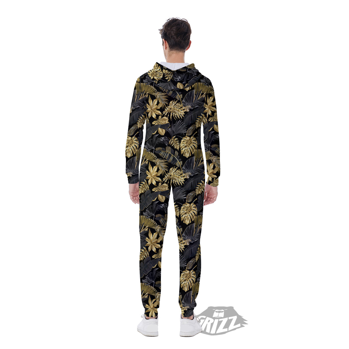 Tropical Gold And Black Print Pattern Men's Jumpsuit-grizzshop