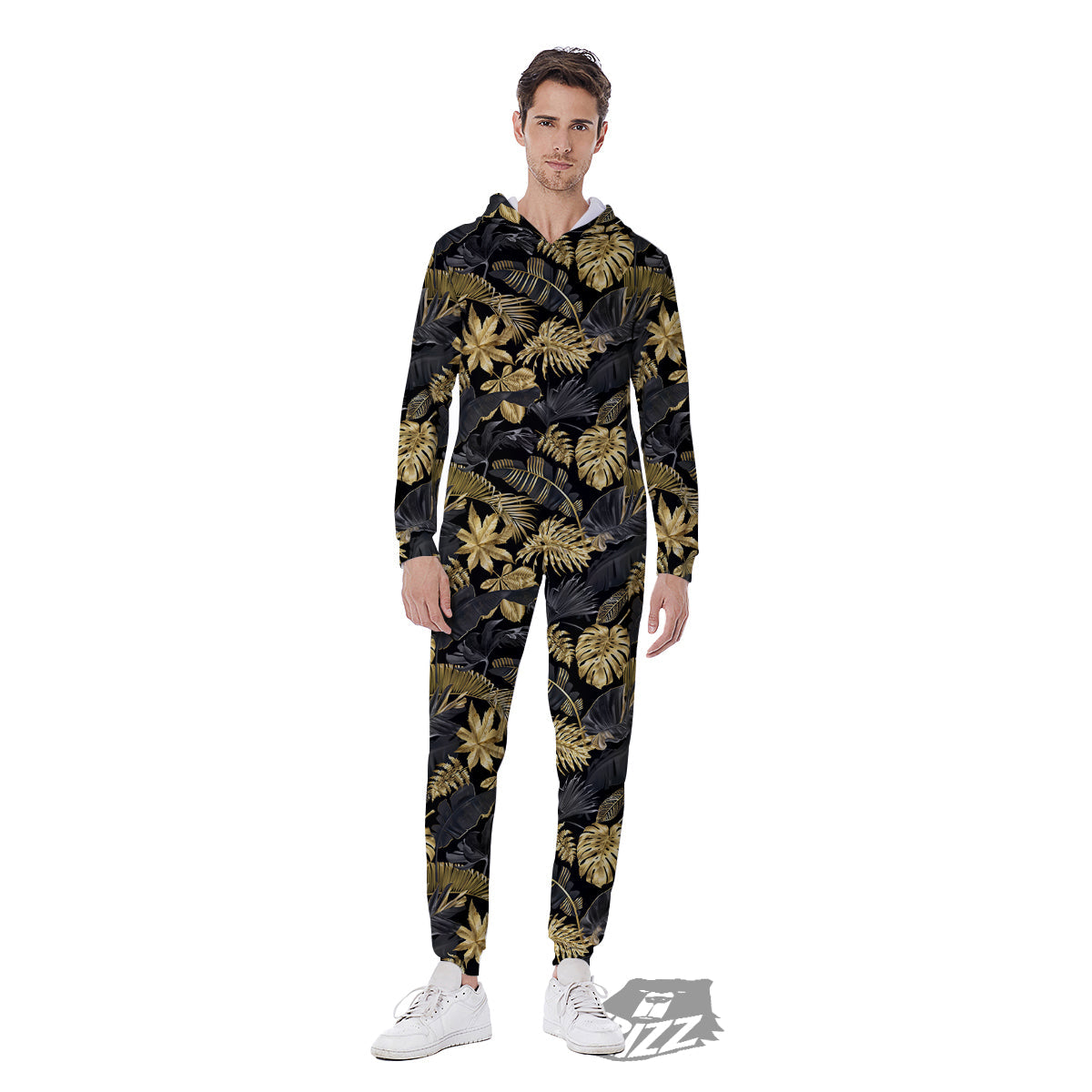 Tropical Gold And Black Print Pattern Men's Jumpsuit-grizzshop