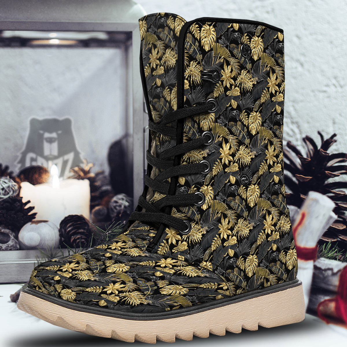 Tropical Gold And Black Print Pattern Snow Boots-grizzshop