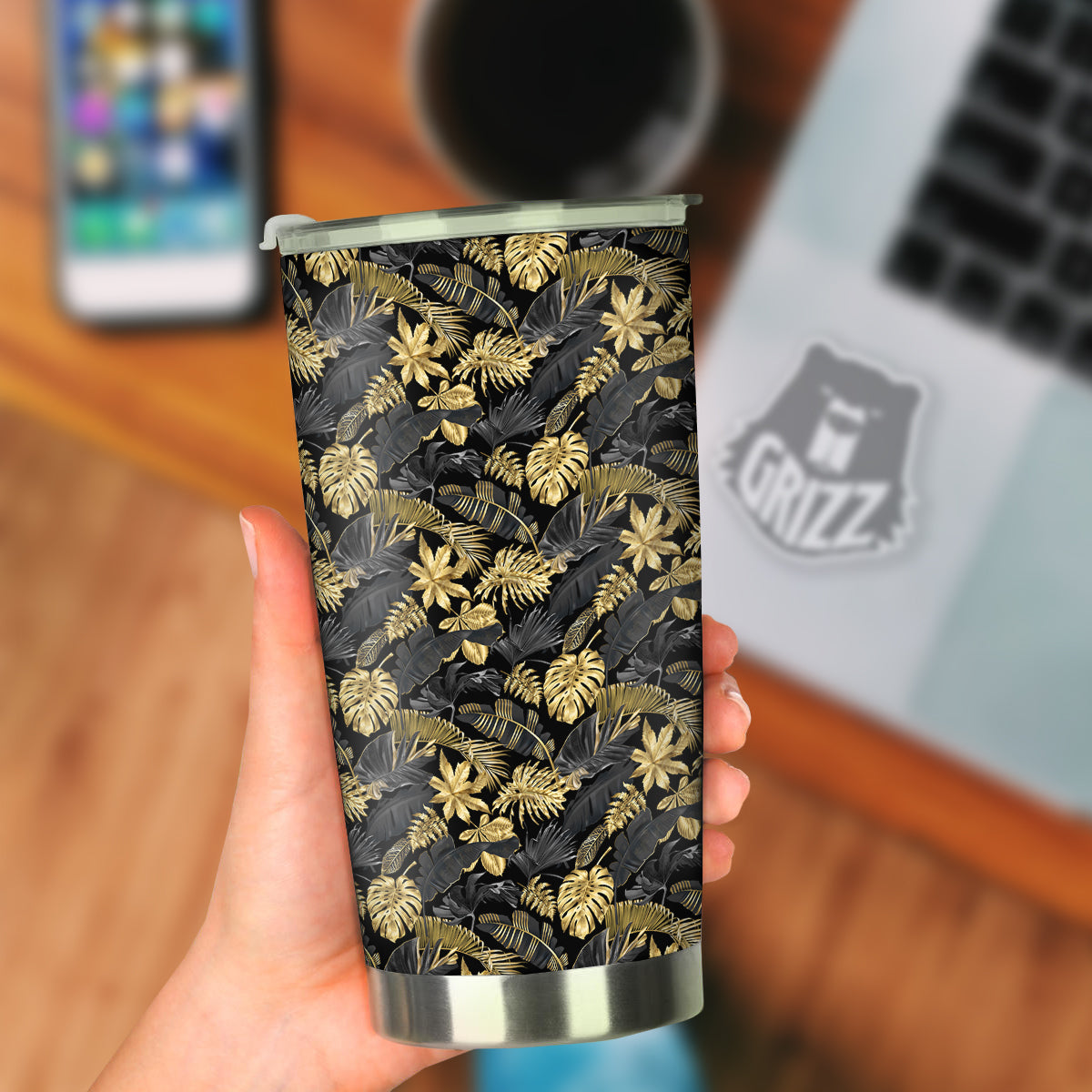 Tropical Gold And Black Print Pattern Tumbler-grizzshop