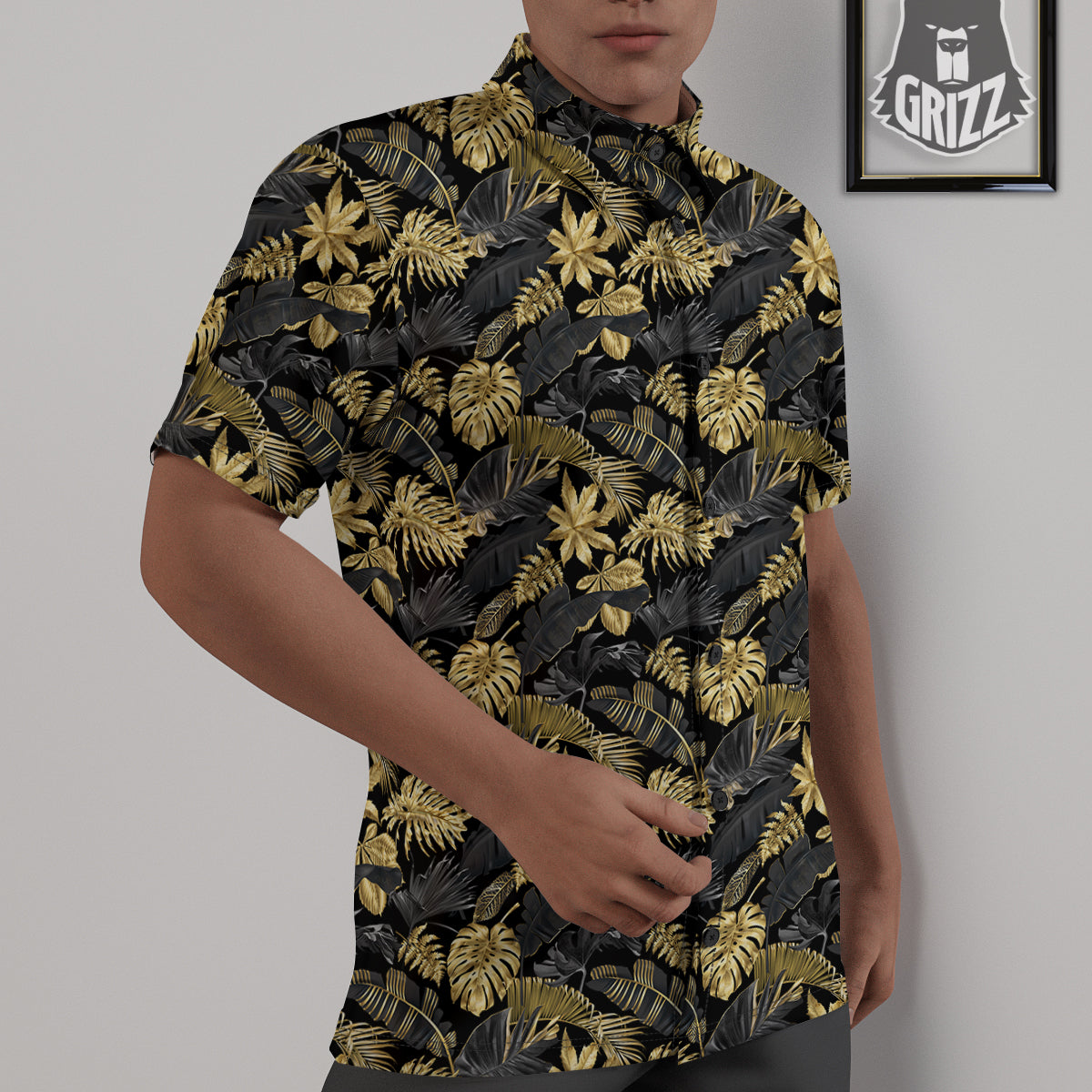 Tropical Gold And Black Print Pattern Untucked Shirts-grizzshop