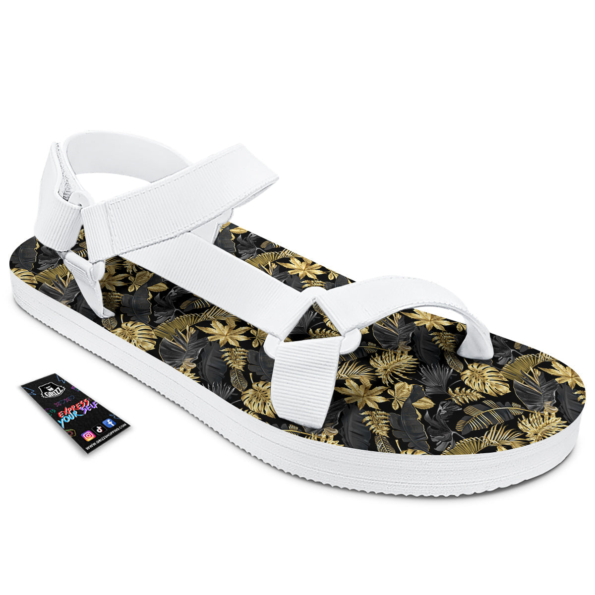 Tropical Gold And Black Print Pattern White Open Toe Sandals-grizzshop