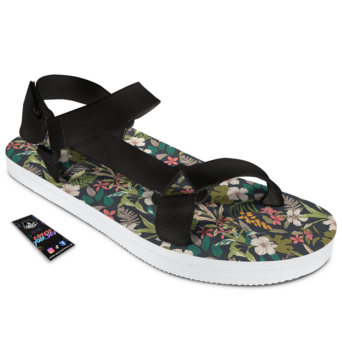 Tropical Hawaiian Aloha Print Pattern Black Open Toe Sandals-grizzshop